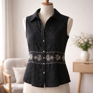 Tweeds XL Linen Embroidered Sleeveless Button Down Top Blouse Black XL